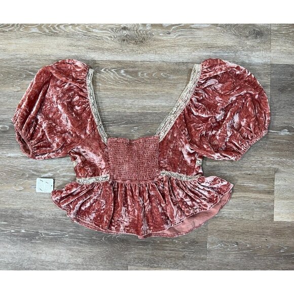 Free People Sz L Mauve Pink Velvet Peplum Ruffle Hem Cropped Smocked Top NWT NEW - Picture 6 of 16